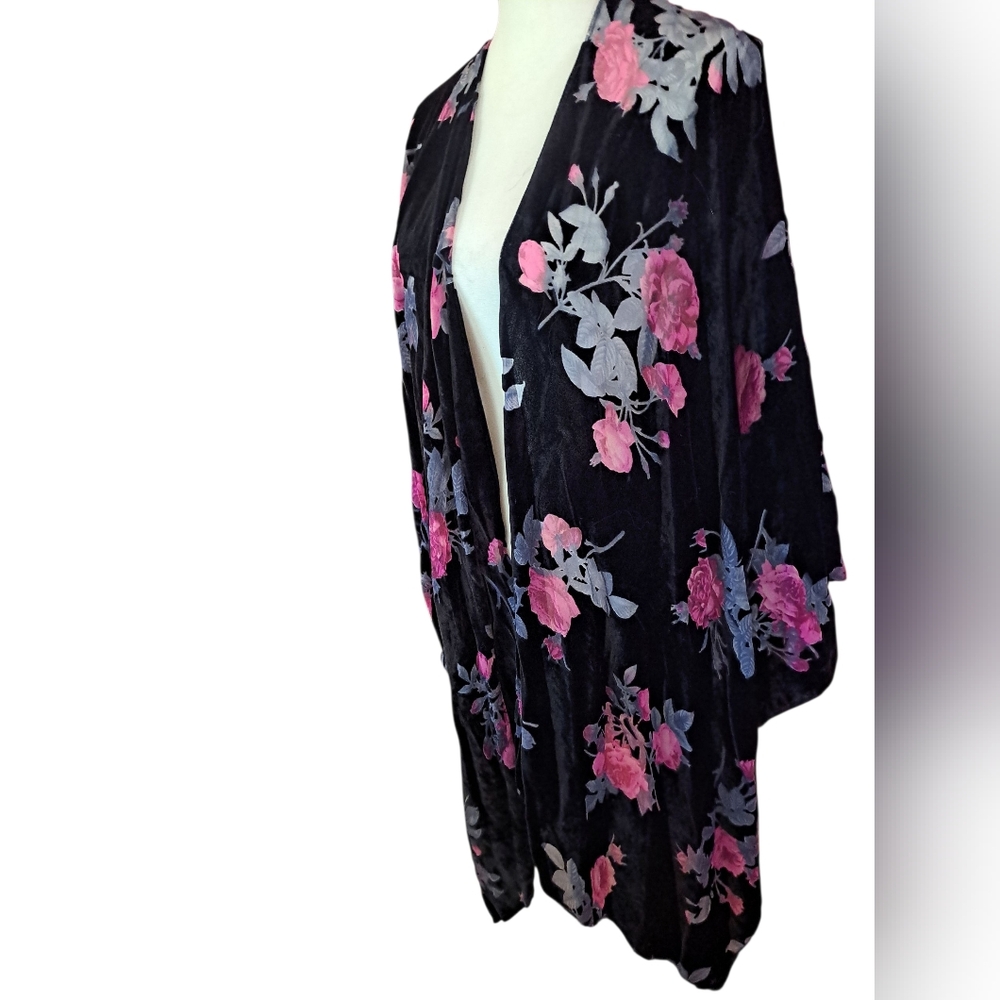 2x 3x Kimono Jacket Dressy Cabbage Rose Velvet Burnout Mid Calf Legnth Boho - Picture 2 of 3